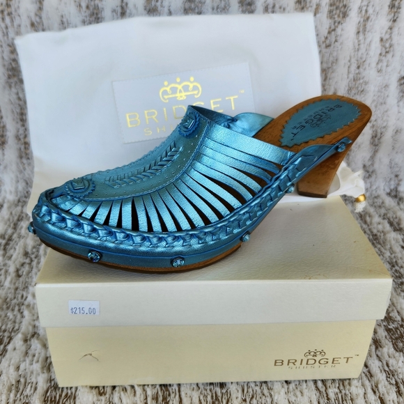 Bridget Shuster "Abba" Metallic Leather Clog Mules Blue Wood | Women's Size 9M - Picture 1 of 13